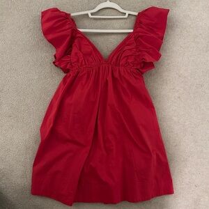 Red ruffle V neck mini dress